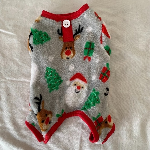 No Brand Fleece Dog Pajamas Gray With Santa Reindeer Trees Present Size XXS(900)